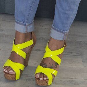 Neon Yellow Green Open Toe Platform Wedges Size 8.5